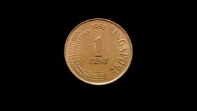 Obverse of old Singapore coin 1 cent 1981, isolated in black background. 4k video.