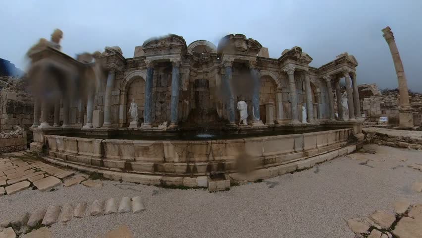 Sagalassos ancient city, Mystical view of the monumental Antonines fountain Nymphaeum in the mist. Turkey Burdur Ağlasun