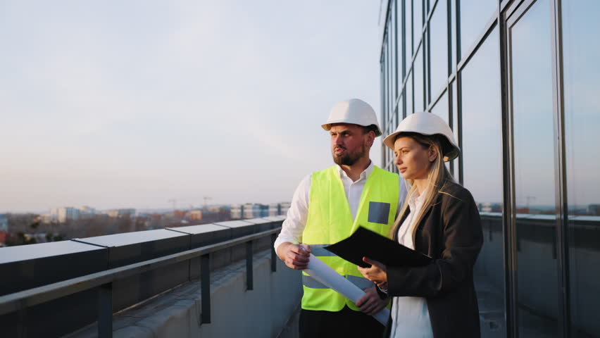 Male Civil Engineer and Young Female Building Architect Discussing Project Work on a City Construction Site. Businesswoman and Worker Are Looking At Drawing Plan Royalty-Free Stock Footage #1100628991