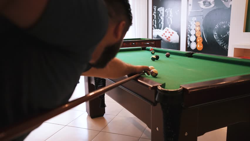 Billiard casual player hitting white cue ball missing the shot | Shutterstock HD Video #1100633395