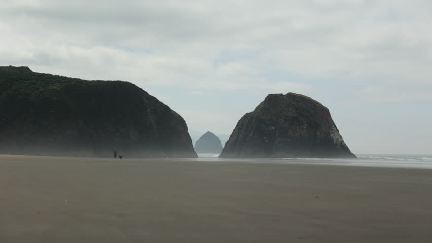 Peaceful day at Crescent Beach in Ecola State Park with a person and a dog walking on the beach. The famous Haystack Rock can be seen in the centre of the frame between the cliffs. Royalty-Free Stock Footage #1100634141