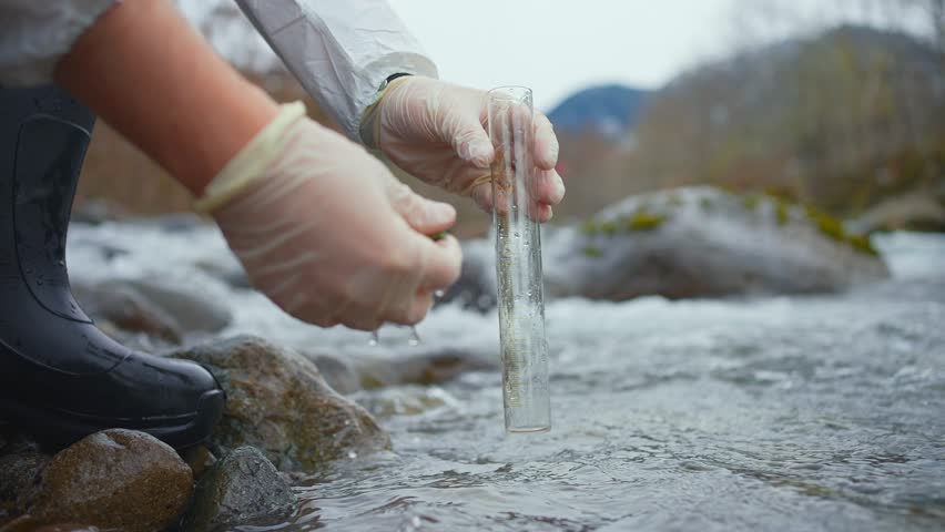 Researcher takes samples of biomaterial test tube in river water close up