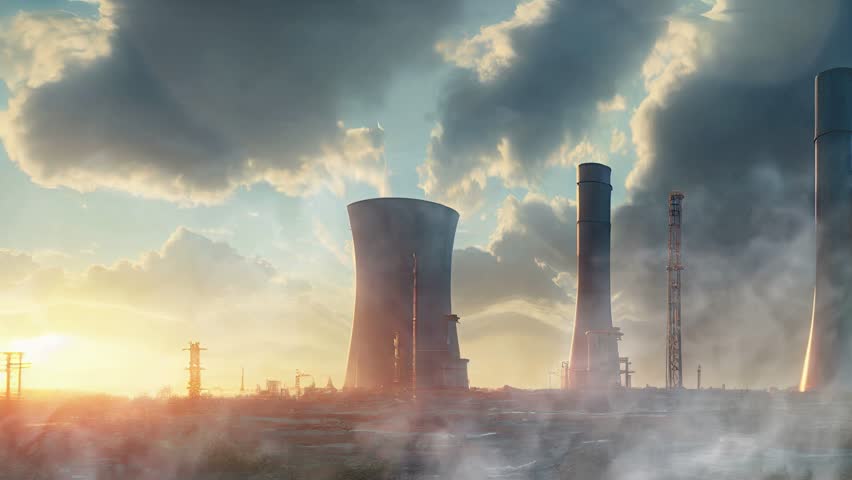 Nuclear power plant at sunset. Dusk landscape with big chimneys and cooling towers with steam.The concept of pollution and nuclear threat.