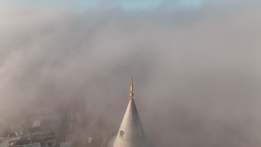 Foggy Galata Tower Drone Video, Galata Beyoglu, Istanbul Turkiye