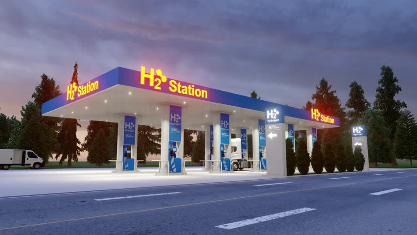 Hydrogen charging gas station. Hydrogen Refueling The Car On The Filling Station For Eco Friendly Transport. H2O, 4K Ultra Hd.