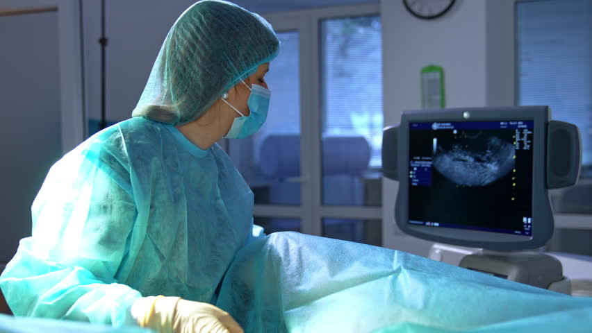 Obstetrician checking the patient on ultrasound machine. Doctor looks attentively at the screen. IVF procedure in the hospital. Royalty-Free Stock Footage #1100651741