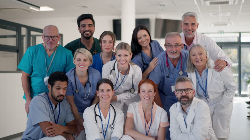 Happy doctors, nurses and other medical staff posing in hospital. Royalty-Free Stock Footage #1100654521