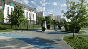 Children's playground in a city recreation park with a lake in the residential area of Yuzhnoye Butovo in Moscow - Powered by Shutterstock - Get 15% off with code: PIKWIZARD15