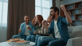 Diverse group of fans watching television sport game soccer match supporting football team at home cheer raise hands celebrate victory goal multiracial men women watch tv channel with pizza and beer - Powered by Shutterstock - Get 15% off with code: PIKWIZARD15