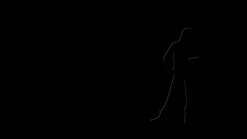Female Silhouette Figure Dancing White Outline 4K features a silhouette of a female dancer with just a white back lighting line on the edge of the body on a black background.