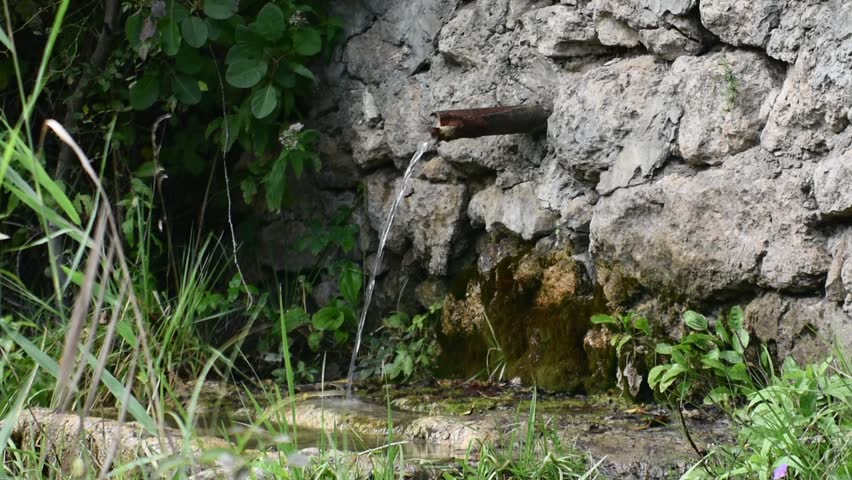 A mountain stream ennobled by human. Stream drinking water. 