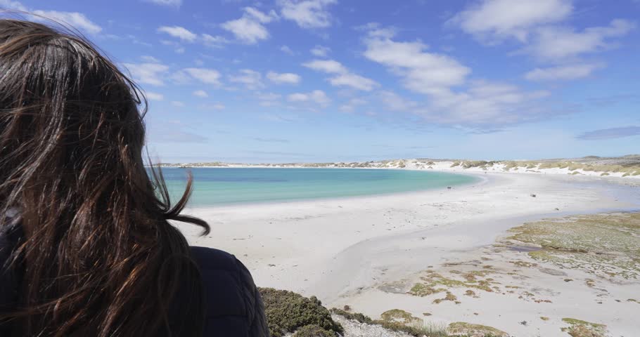 A woman looks at a white sand beach with a sea of ​​semi-transparent turquoise water.
This is the beach at Gypsy Cove, in Yorke Bay, Falkland Islands.
Concept of thought, love for nature Royalty-Free Stock Footage #1100660705