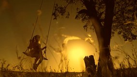 Happy little girl swings on swing in park under tree at sunset. Concept of family happiness, dreams, entertainment. Baby swing, kid girl smile in flight. Child plays on wooden swing, dreams of flying. - Powered by Shutterstock - Get 15% off with code: PIKWIZARD15