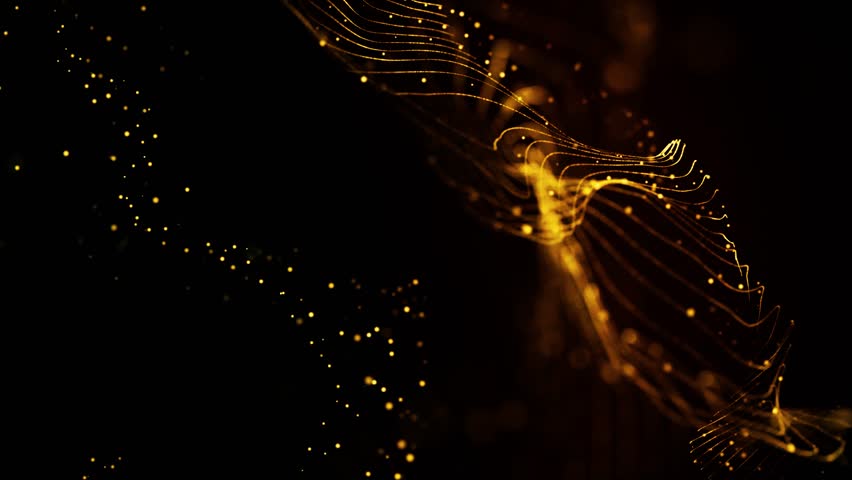 golden waves motion abstract of particles gold dust with stars on black background. wave background gold movement, seamless loop in 4k resolution.  Royalty-Free Stock Footage #1100662375