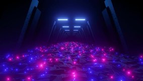 Magician Blue And Purple Lights On The Ruins Surface. Magic Bright Fluorescent Illumination. Modern Abstract Design. Glowing Fairy Light. 3D Render. Seamless Animation. Loopable Stock 4k Video.
