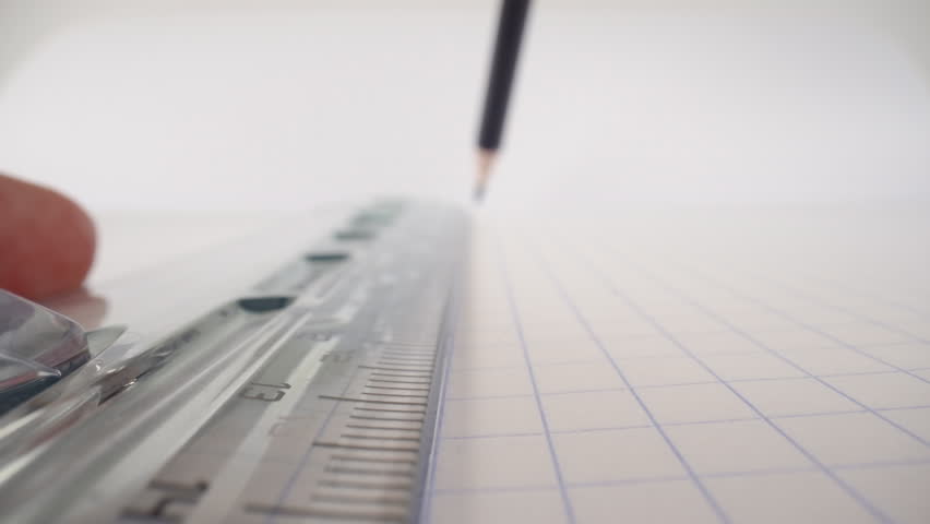 Macro drawing straight line with pencil and transparent plastic ruler on white paper exercise book, extreme close-up shot Royalty-Free Stock Footage #1100667181