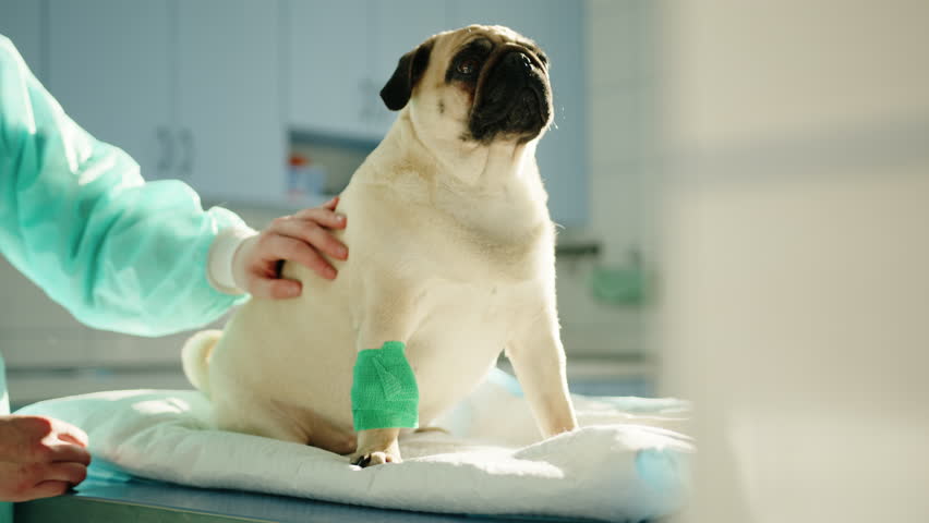 The veterinarian puts a knee brace on the pug's right leg and pets it. High quality 4k footage | Shutterstock HD Video #1100668231