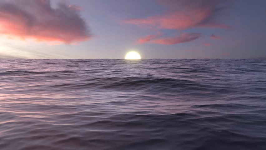 Sunset over the ocean with a green flash as it sets. Pinkish colors in the clouds. 3D render animation