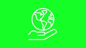 Animated save planet white line icon. Protect nature and environment. Loop HD video with chroma key, alpha channel on transparent background, black solid background. Outline motion graphic animation