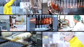 Ampule Medications and Vaccine Manufacturing - Conceptual Video Wall. Medical Ampoules On The Production Line. Pharmaceutical Production Line Workers At Work. The Development of New Medicines.