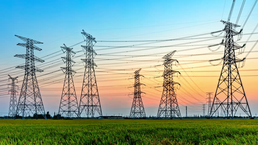 High voltage electric towers scenery at sunset. Transmission power line.  | Shutterstock HD Video #1100677627