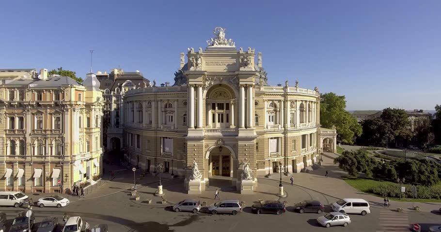 Drone view of the Odessa National Academic Opera and Ballet Theatre. One of the best theaters in Ukraine, overlooking the sea port
