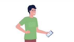 Animated buying clothes online. Happy customer paying wireless for goods. 2D cartoon flat character 4K video footage on white with alpha channel transparency. Concept animation for web design