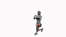 Lunge to Knee Drive right bodyweight fitness exercise workout animation female muscle highlight demonstration at 4K resolution 60 fps crisp quality for websites, apps, blogs, social media etc.