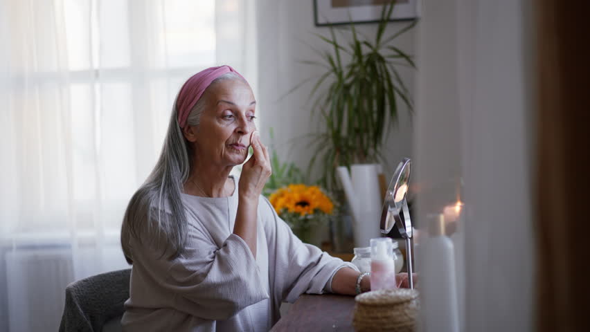 Senior woman making make up herself at home.