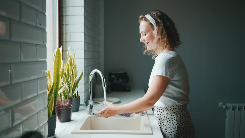 Positive curly haired woman singing and washing dishes in the kitchen at home Royalty-Free Stock Footage #1100683767