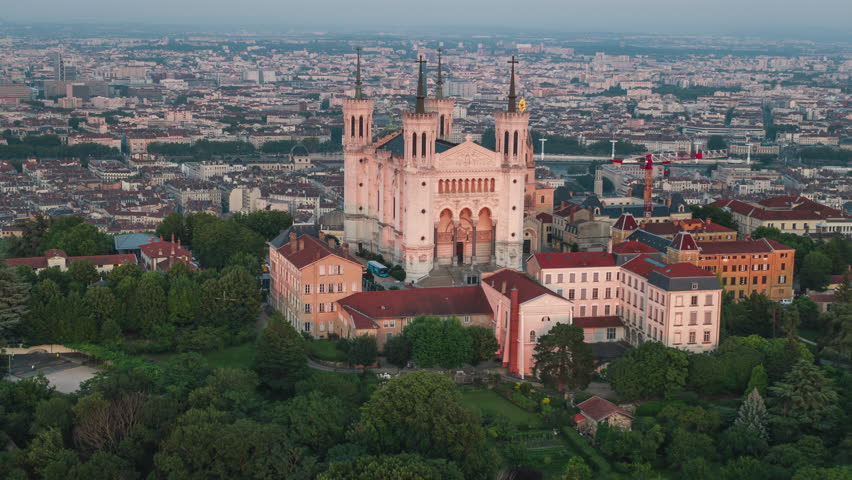 Establishing Aerial View Shot of Lyon Fr, Auvergne-Rhone-Alpes, France, Basilique Notre Dame de Fourviere