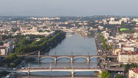 Establishing Aerial View Shot of Lyon Fr, Auvergne-Rhone-Alpes, France, bridges and trafic
