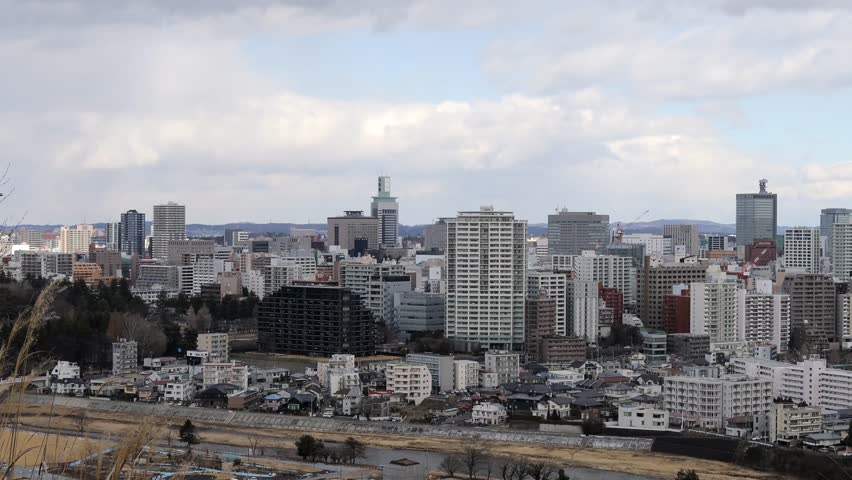 Sendai, Miyagi, Japan, February 2023.Scenery video of downtown Sendai seen from Sendai Castle.