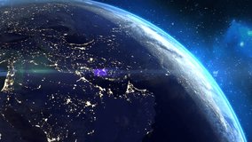 Seamless video loop, view from space of the night planet Earth with the lights of the world's evening cities. Globe rotation day to night skyline. Realistic repeatable animation. 4k footage