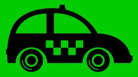 An animated black taxi is driving. Vintage car is  riding. Looped video. Concept of public transport. Flat vector illustration isolated on green background.