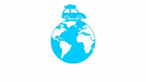 Animated car drives around the planet. blue vintage car with baggage rides. Looped video. Travel concept by car. Trip around the world. Flat vector illustration isolated on white background.