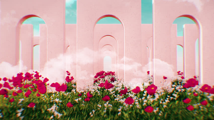 3D Beautiful pink arch corridor with red and white flower garden. moving through many clouds and bright blue sky background. Computer animation. Modern background. motion design. Loopable. LED.4K