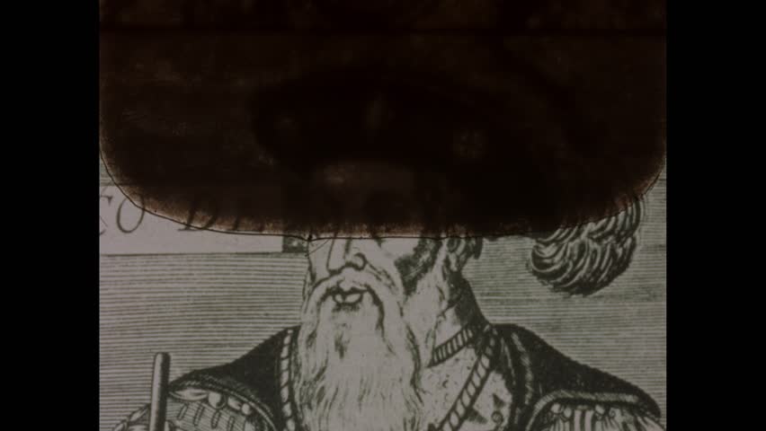 1950s:Drawing of Vasco Da Gama. Drawings of ships.