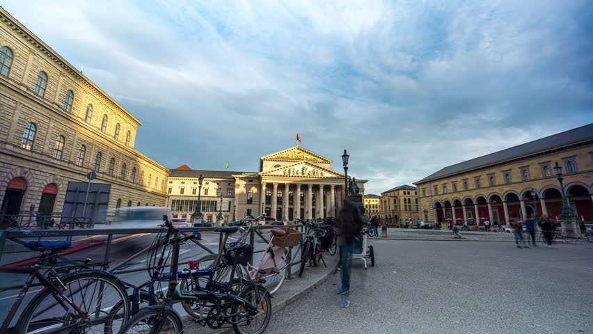 Munich Opera House and Max-Joseph-Platz square in Munich. National Theatre, Bayerische Staatsoper. Hyperlapse Video at subset. Royalty-Free Stock Footage #1100696247