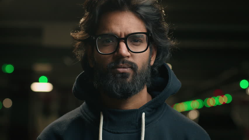 Male portrait at dark parking lot irritated emotional angry Indian bearded man in glasses shouting screaming yelling with mad anger aggressive Arabian guy shout scream to camera with furious stress Royalty-Free Stock Footage #1100697233