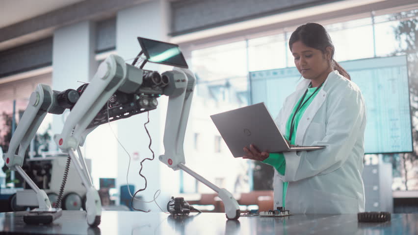 Young Indian Female Engineer Testing Industrial Programmable Robot Animal in a Factory Development Workshop. Professional Researcher in a Lab Coat Developing AI Canine Prototype, Using Laptop Royalty-Free Stock Footage #1100698845