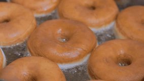 The Procedure of making donuts in a donut bakery - donuts frying in a deep fryer. Scene. Process