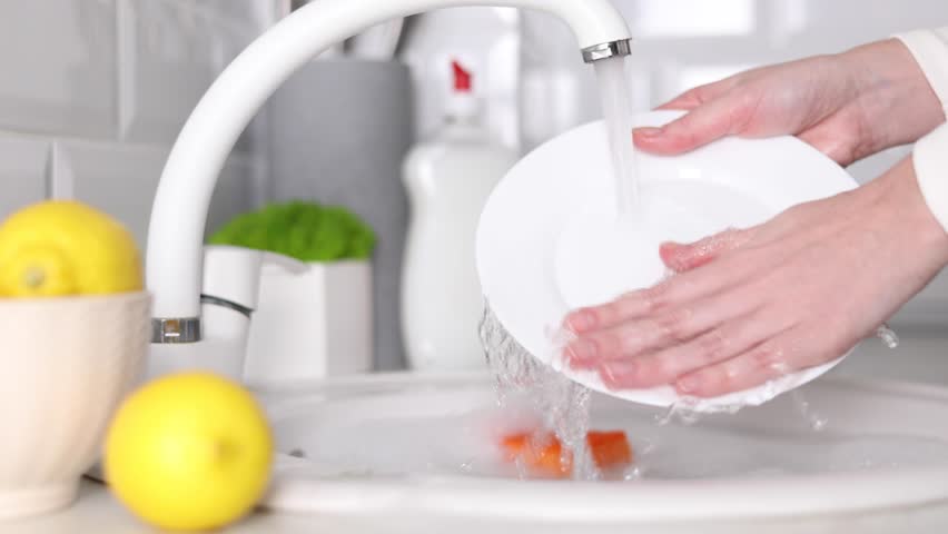 girl washing dishes in the kitchen Royalty-Free Stock Footage #1100704871