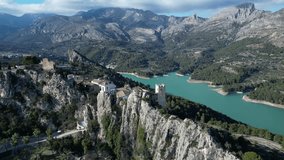 Aerial video of historic old buildings in the town of El Castell de Guadalest,Alicante,Spain