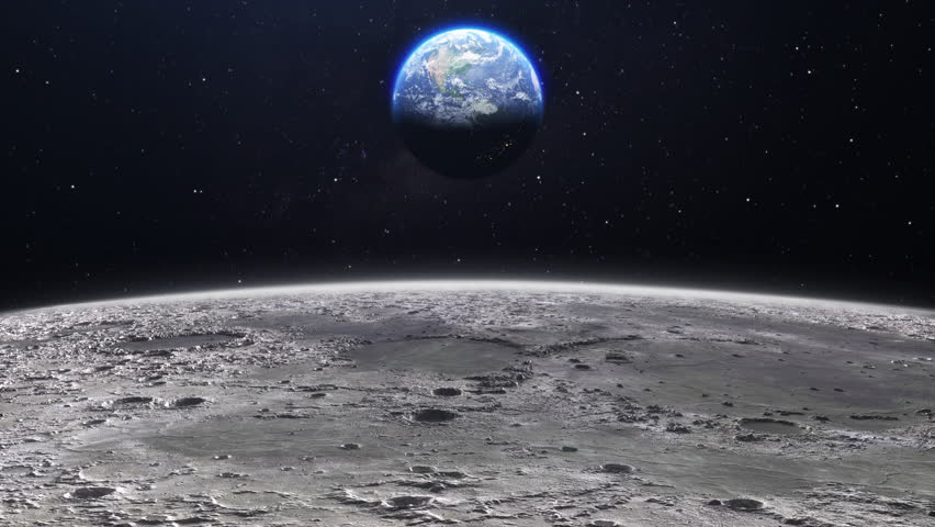 Cinematic planet earth view from the moon surface. Starry space in the background. Travel across the lunar soil with craters. Royalty-Free Stock Footage #1100706323