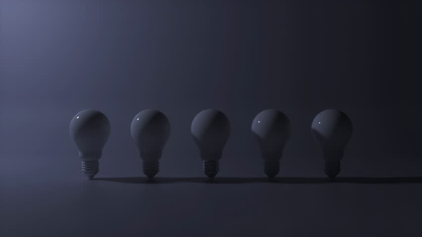 Creative new idea concept with light bulbs. One light bulb standing out from others bulbs floating on dark background. Business, success, think positive, inspiration, solution symbol. 3D Animation. Royalty-Free Stock Footage #1100706353