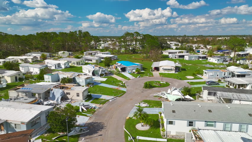Severely damaged by hurricane Ian houses in Florida mobile home residential area. Consequences of natural disaster