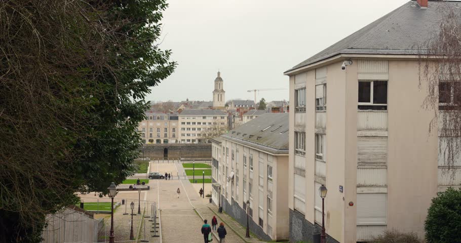 People Walking In The Montee Saint-Maurice, Popular Staircase Street In Daytime In Angers, France. - wide