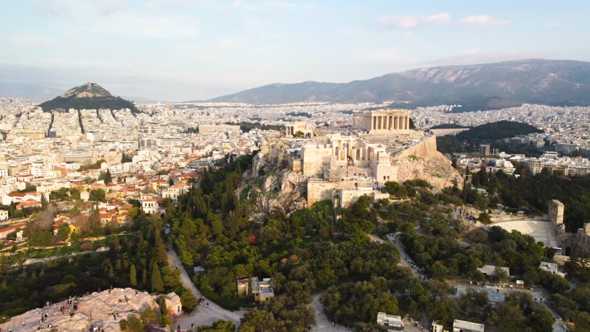 4K Αθήνα, Athína, Athens Greece, Acropolis, Wide Drone Shot, Camera movement Tracks Right, Mars Hill, World Heritage Site, Ancient Greece, Biblical City, Europe, Castle, Philosophy, Democracy, Greek Royalty-Free Stock Footage #1100712373