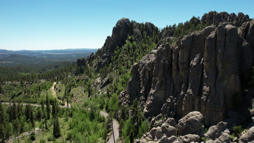 Black Hills, South Dakota USA. Aerial View of Scenic Rock Formations and Road on Sunny Summer Day